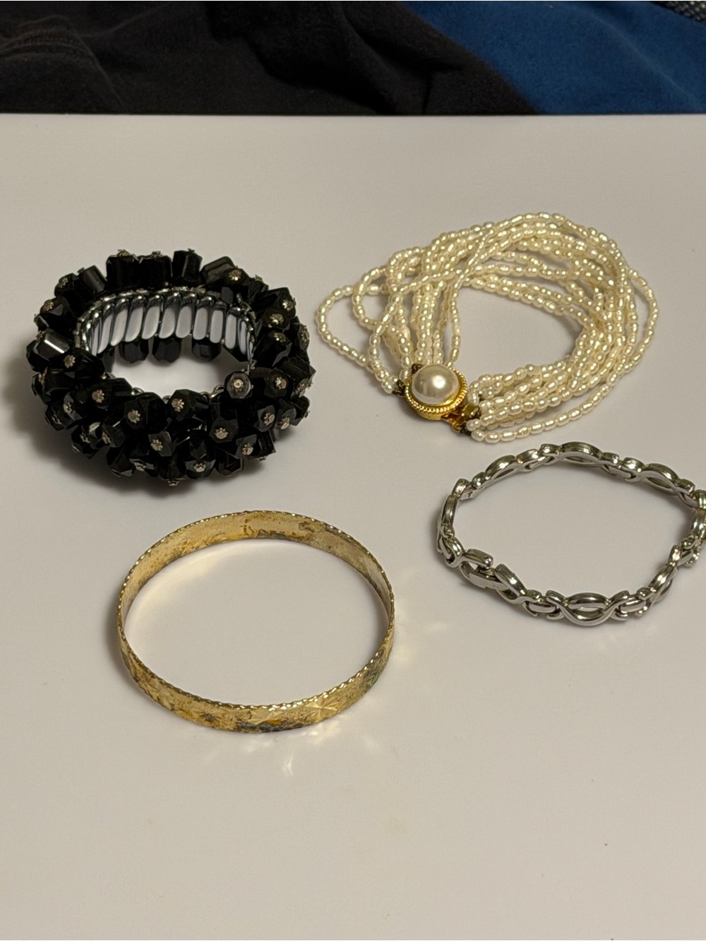 Vintage Costume Bracelet Bundle Lot of 4 Faux Pearl Silver Gold Black